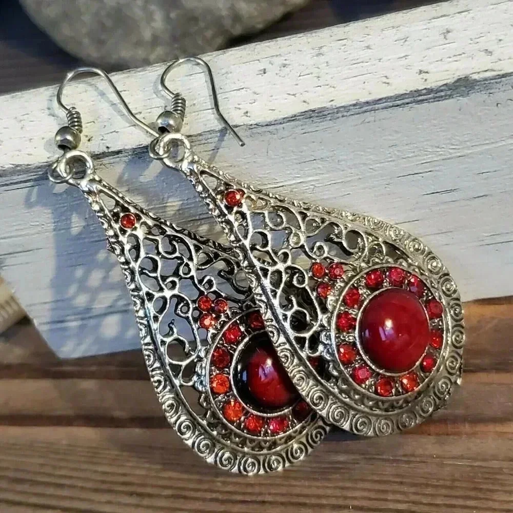 NEW Vintage 90s Lacy Red Antique Silver Acrylic Crystal Teardrop Earrings